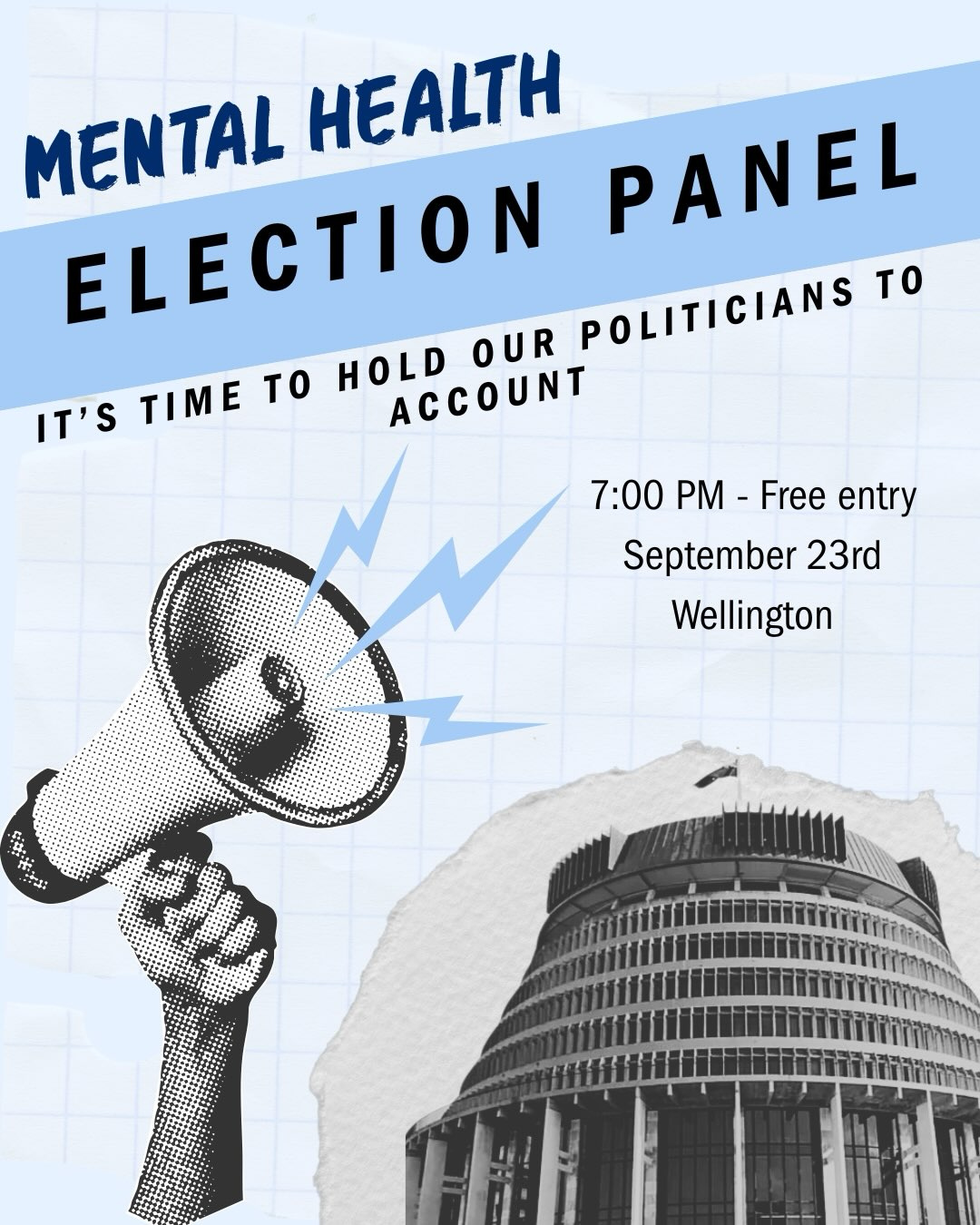 Mental Health Election Panel poster — 7:00pm, free entry, 23 September, Wellington